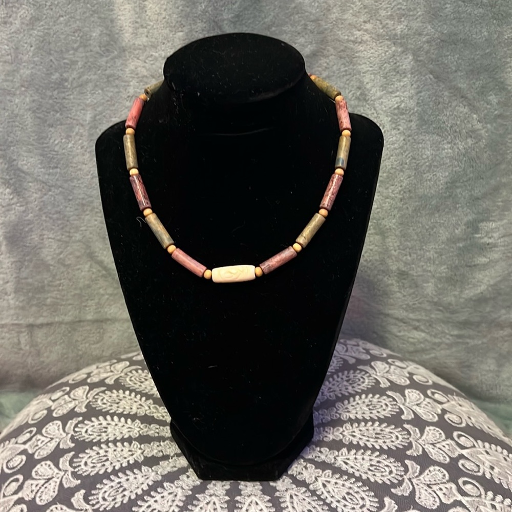 boho green, pink, and white necklace